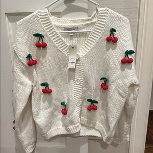 Francesca's Collections White Cardigan with Red cherries